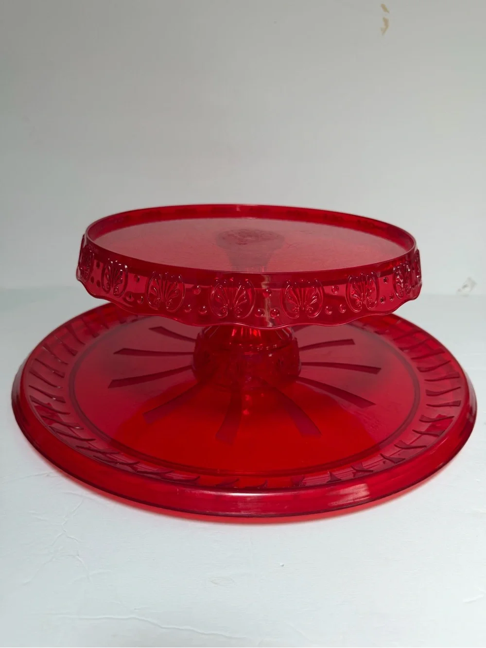 Red Plastic Pedestal Cake Stand and Large Tray